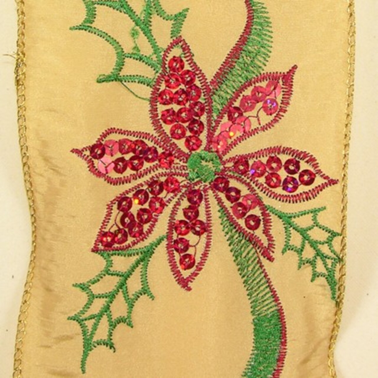 The Ribbon People Gold and Red with Embroidered Poinsettia Wired Craft Ribbon 4&#x22; x 10 Yards